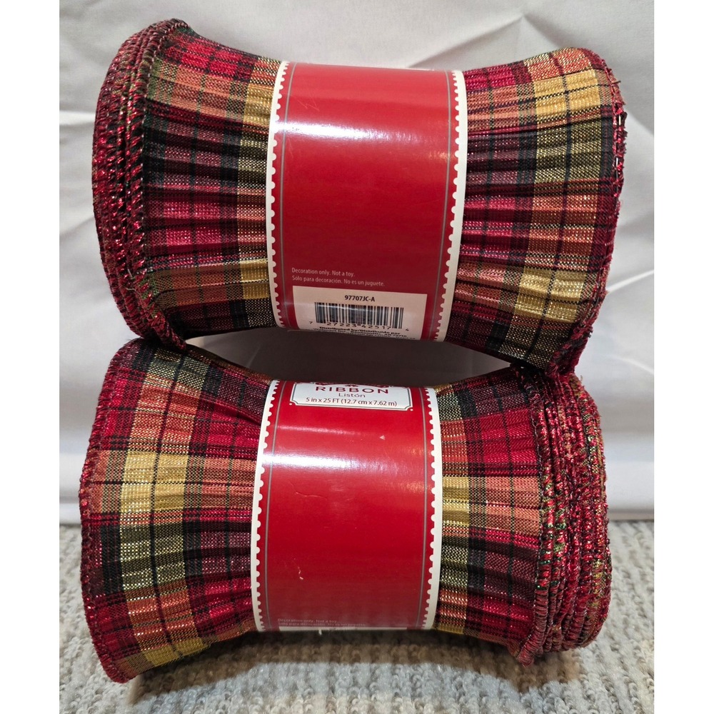 Holiday Time 2pk Christmas Ribbon Red Gold Plaid Metallic 5in x 25ft 97707JC-A